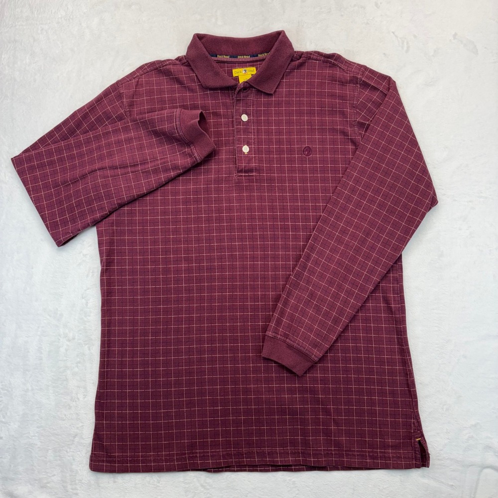 Duck Head Mens Large Long Sleeve Polo Shirt Burgundy Maroon Grid Check Cotton